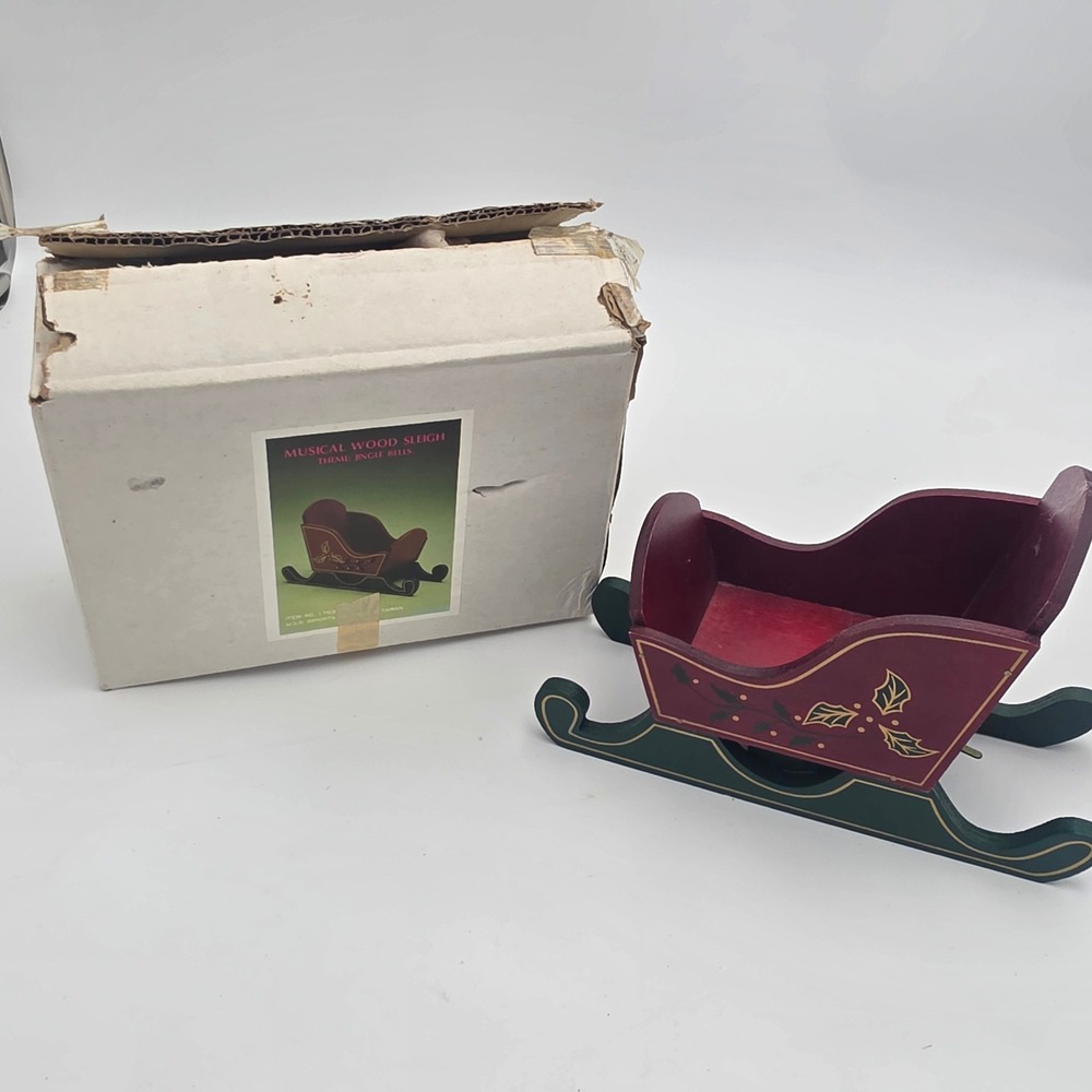 MSR Imports Musical Wood Sleigh Jingle Bells Christmas Decor Vintage Red Green